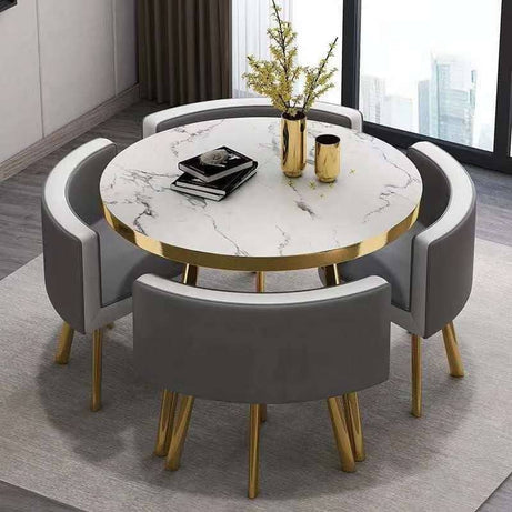 MFurn Modern Nordic Round Dining Table Set – 5pc Marble Look MDF Table with 4 PU Leather Chairs