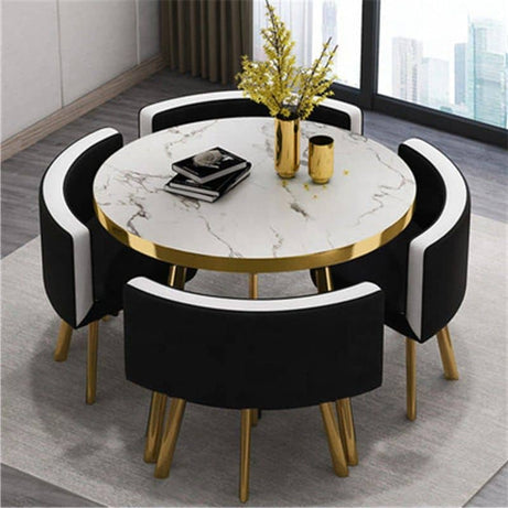 MFurn Modern Nordic Round Dining Table Set – 5pc Marble Look MDF Table with 4 PU Leather Chairs
