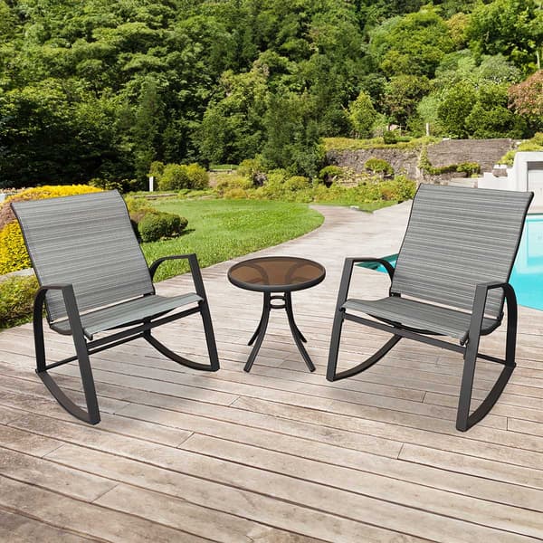 MFurn Milan 3Pc Patio Bistro Set – 2 Rocking Chairs & Glass Coffee Table
