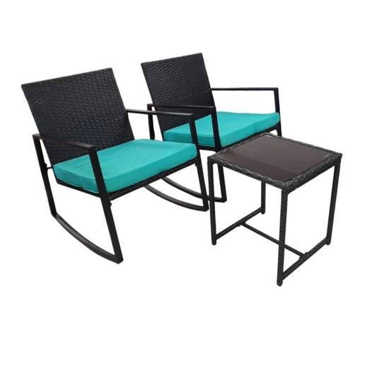MFurn Gigi 3-Piece Patio/Bistro Rattan Rocking Chair Set with Cushions and Glass Table