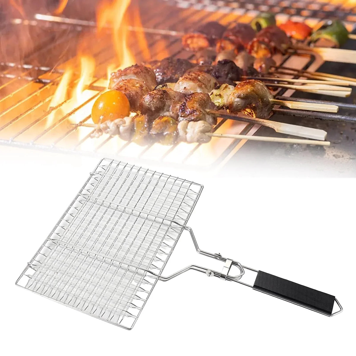 Master BBQ Collection Stainless Steel Clip-Type Grill Basket With Foldable Black Handle