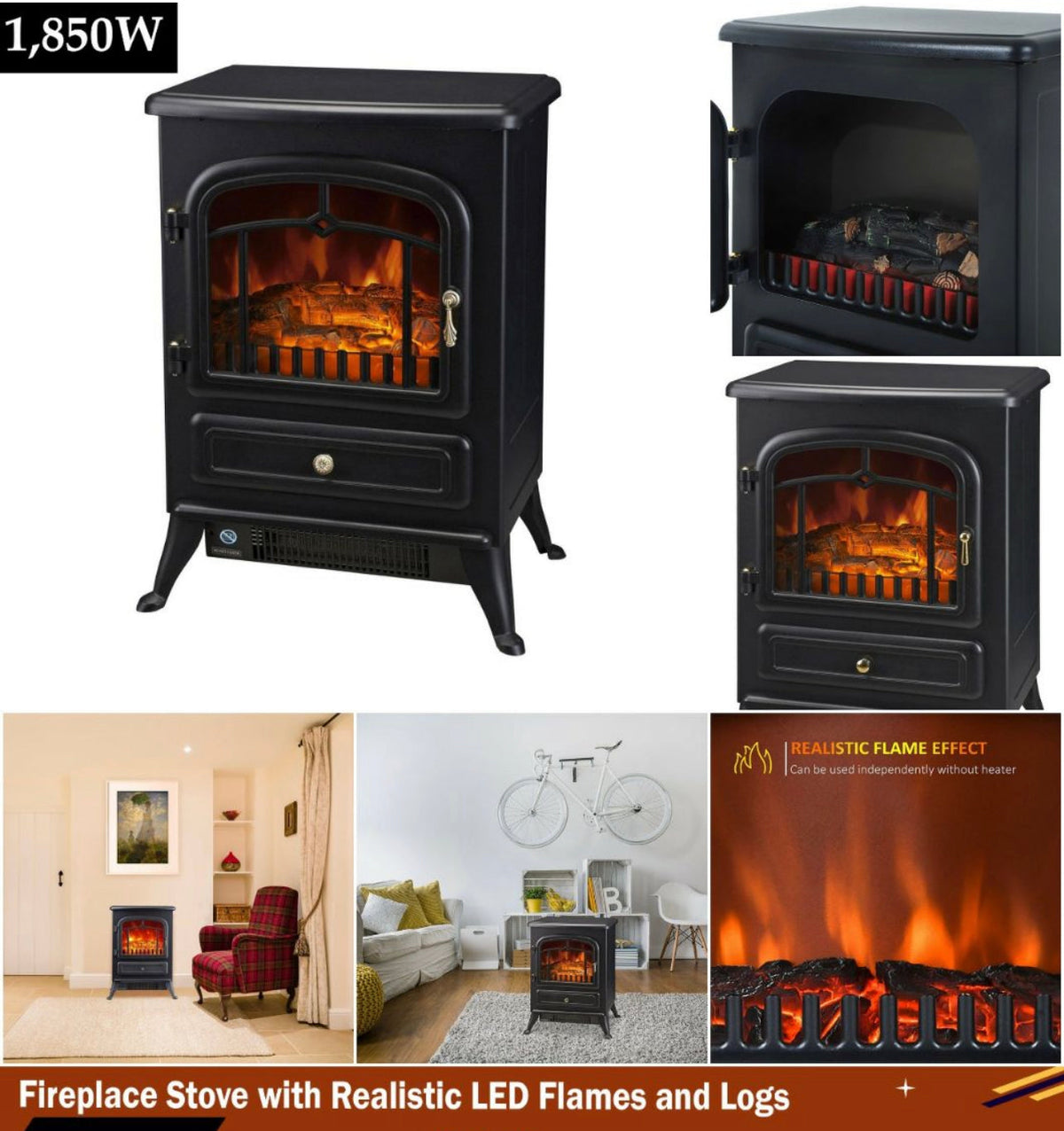 Freestanding Fireplace With Realistic Flames/Logs 1850w