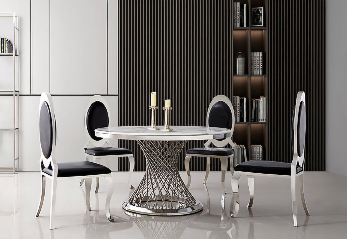 Silver round dining table marble top