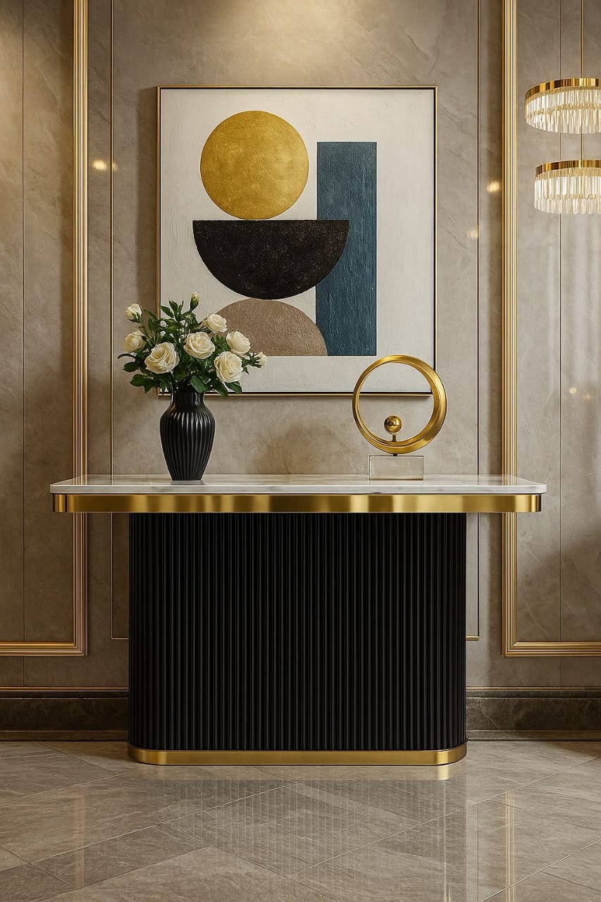 Black fluted console table marble top