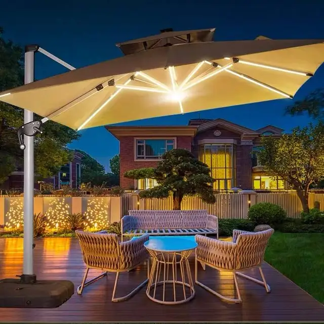 Beige Solar LED Cantilever Umbrella 