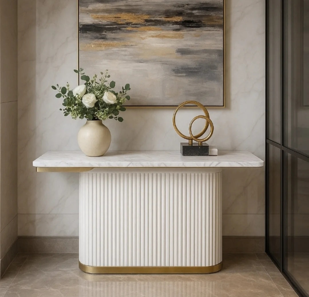 White fluted console table marble top