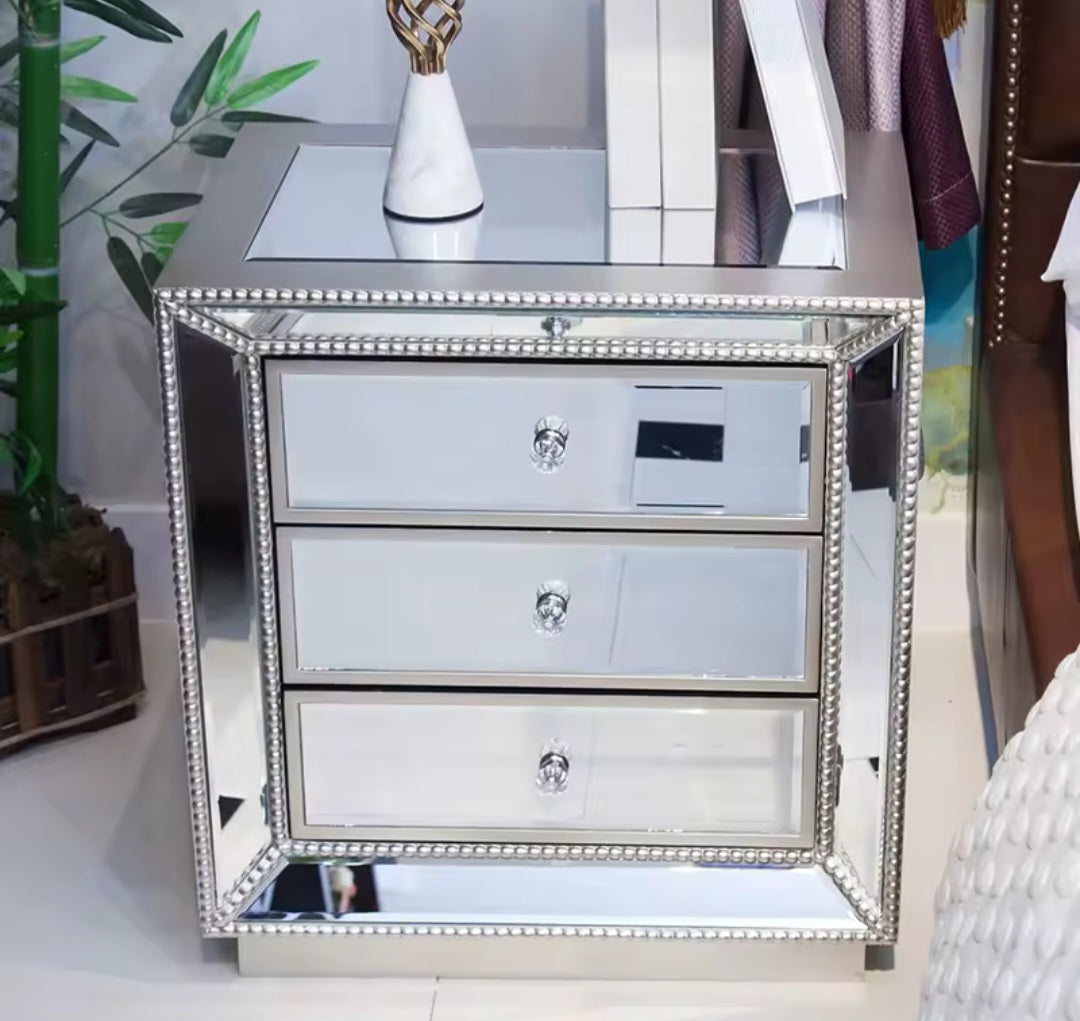 Silver Mirrored nightstand bedside table pedestal 