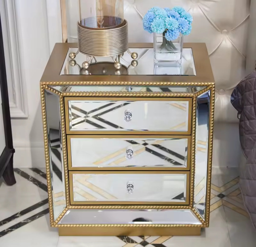 Gold Mirrored nightstand bedside table pedestal 