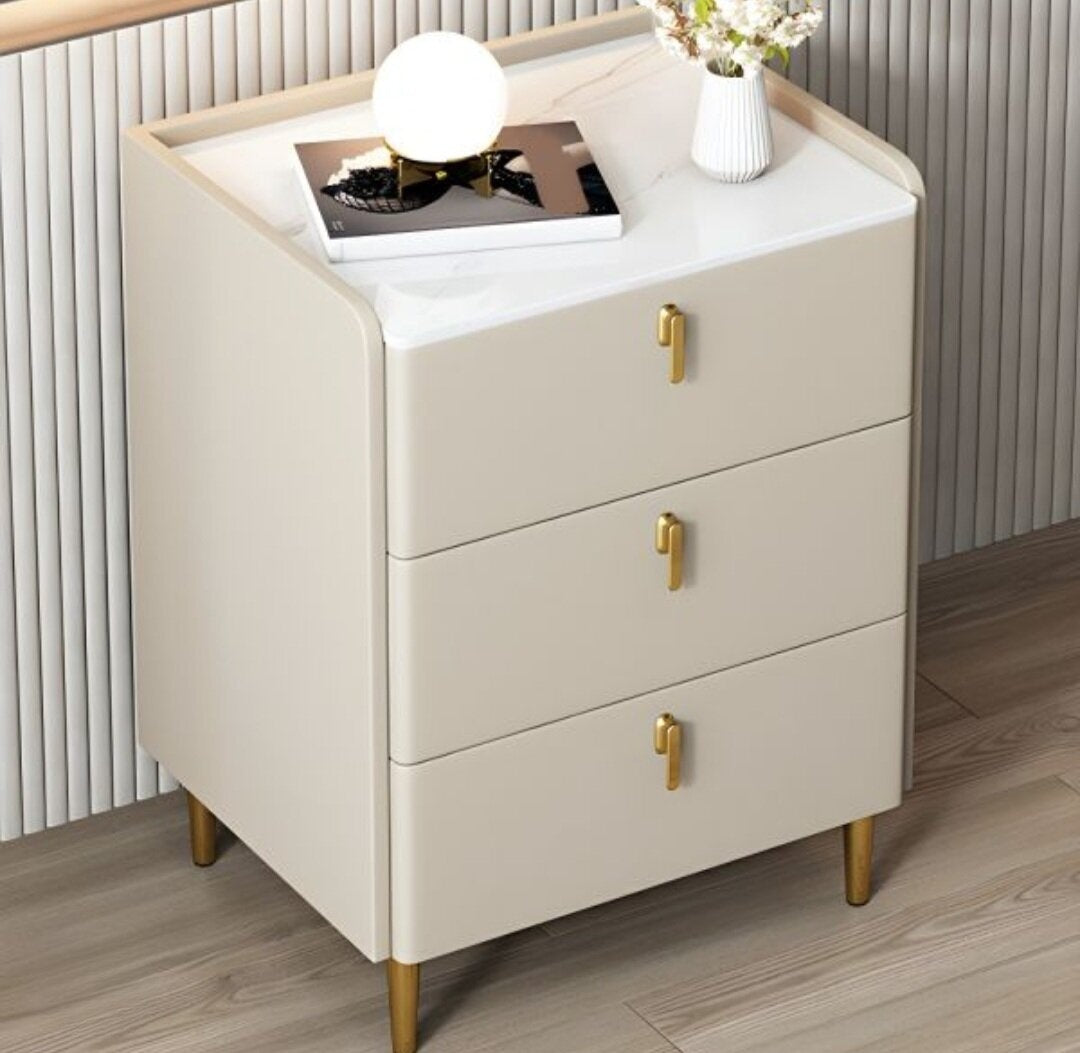 Beige 3 drawer nightstand gold legs