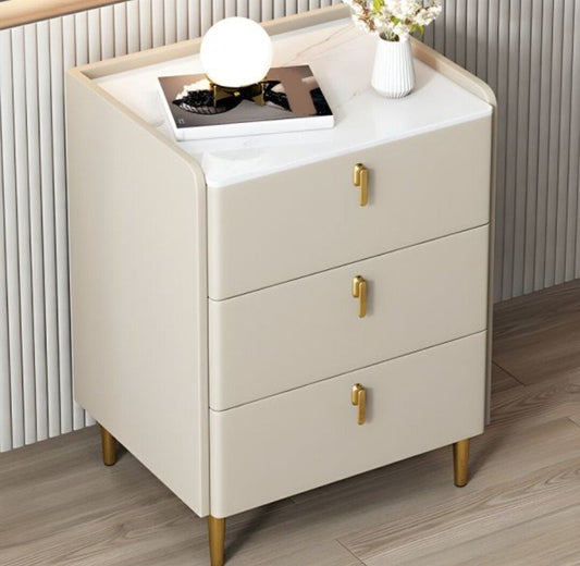 Beige 3 drawer nightstand gold legs