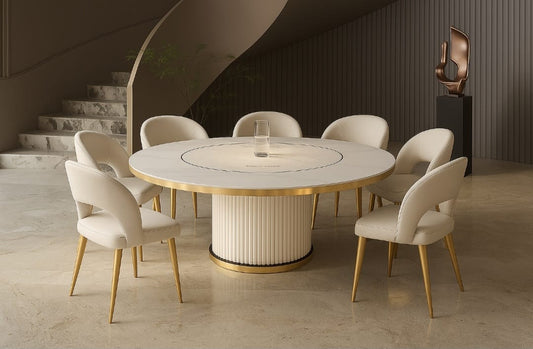 Round fluted dining set white and gold 