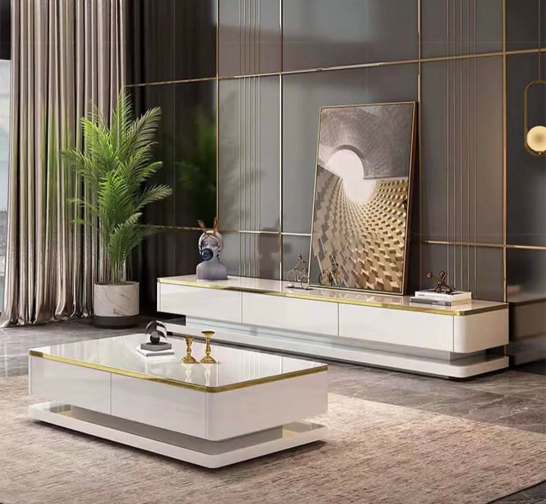 White and gold tv stand coffee table set 