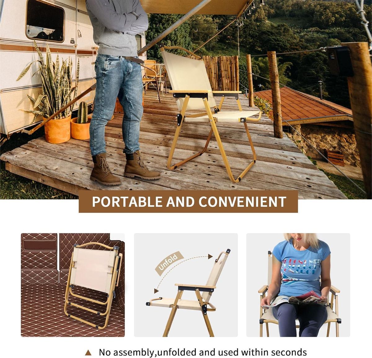 MHome Portable Outdoor Chair with Wood Armrests – Foldable & Heavy-Duty