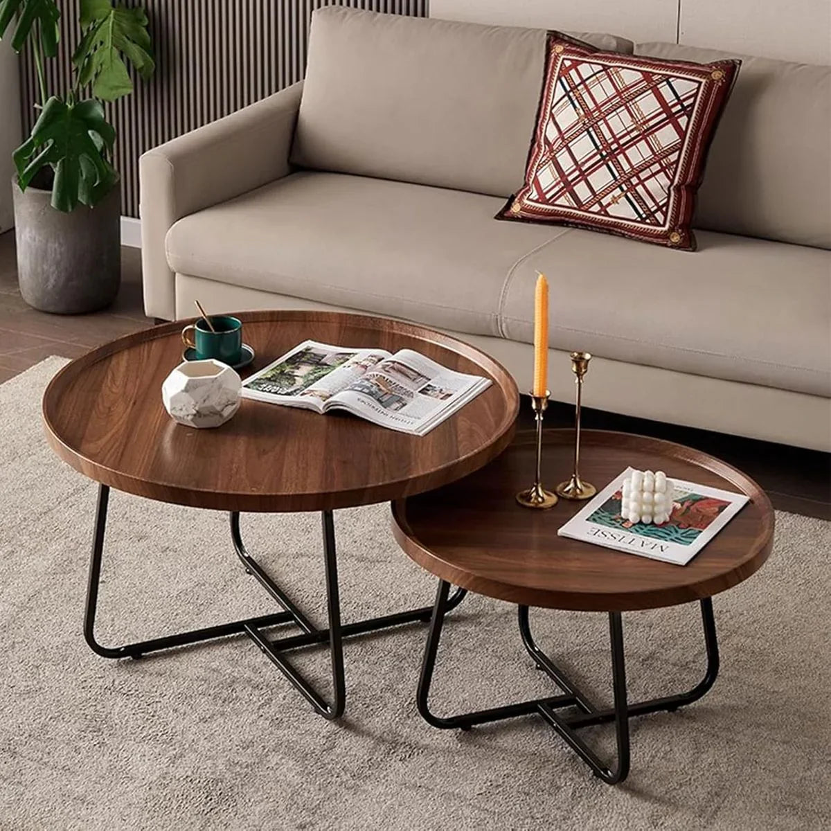 MFurn Modern Round Raised Edge Nesting Coffee Table Set with Metal Frame  – 2pc Nesting Design-Various Options