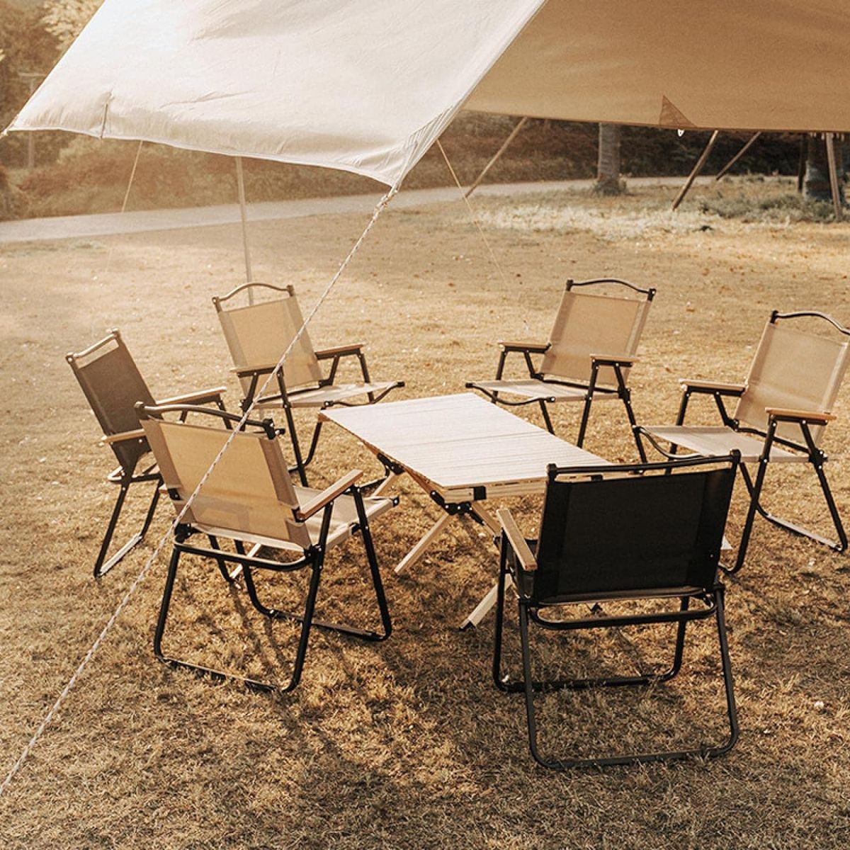 MHome Portable Outdoor Chair with Wood Armrests – Foldable & Heavy-Duty